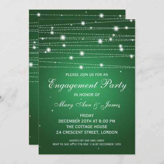 Invitation Élégant engagement Party Sparkling Lines Emerald (Devant / Derrière)