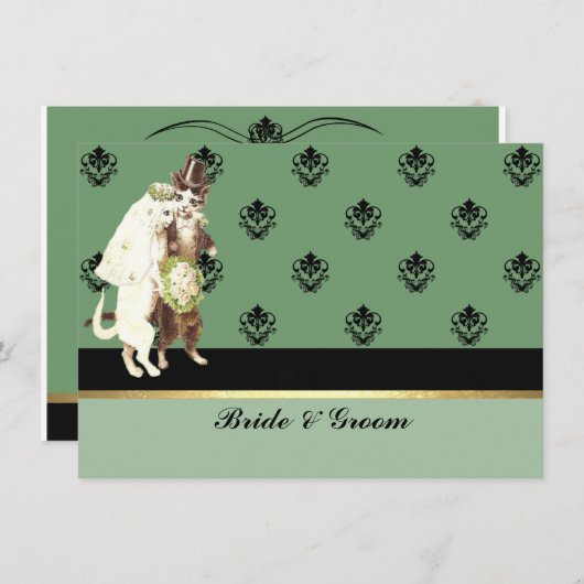 Invitation Élégant ensemble de mariage pour chats verts damas (Devant / Derrière)