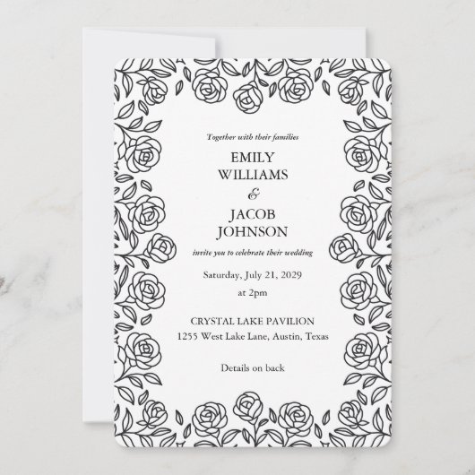 Invitation Élégant ensemble floral noir et blanc pour mariage (Devant)
