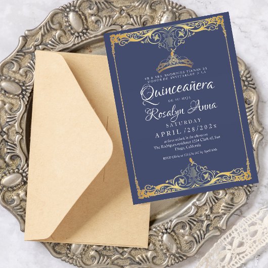 Invitation Elégant espagnol Mis Quince Marine Blue Gold Photo