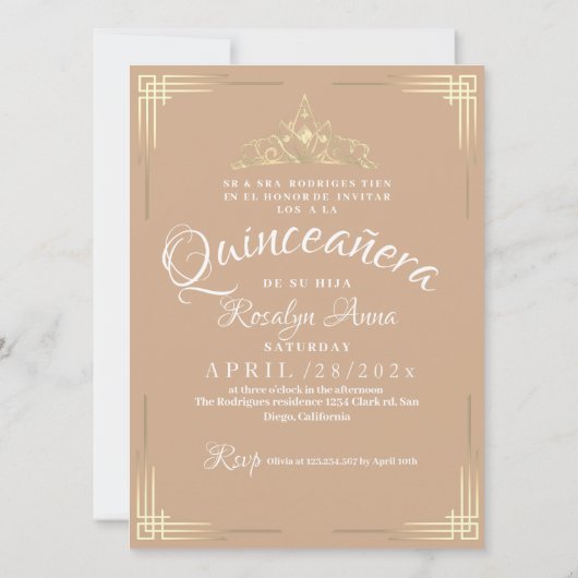 Invitation Elégant espagnol Quinceañera Mis Quince Beige Or (Dos)