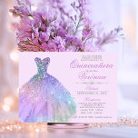 Invitation Elégant espagnol Quinceañera Mis Quince violet<br><div class="desc">Invitations modernes mais élégantes de Quinceañera Mis Quince Anos. Parties scintillant diamant tiara / couronne et robe / robe. Lavande claire violette avec des couleurs bleues colorées. Facile à modifier les cartes modèles. Parfait pour la 15ème fête d'anniversaire de fille.</div>