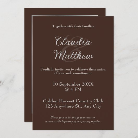 Invitation Elegant Espresso & Silver Script Photo Wedding (Devant / Derrière)