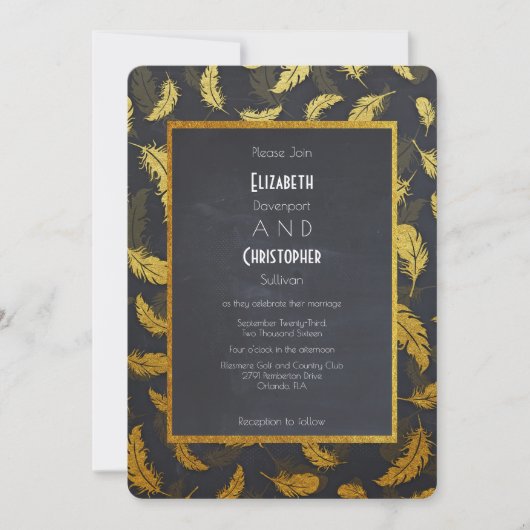 Invitation Élégant Et Chic Mariage De Plumes Noir Et Or (Devant)