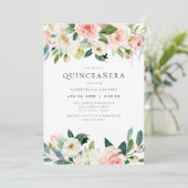 Invitation Élégant et doux Blush rose Floral Quinceañera (Debout devant)
