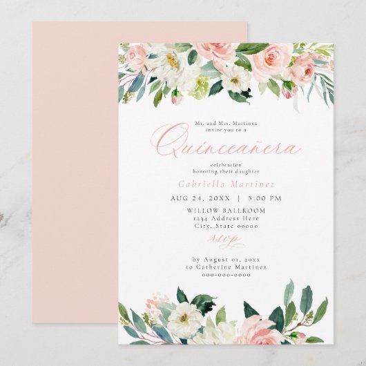 Invitation Élégant et doux Blush rose Floral Quinceañera (Devant / Derrière)