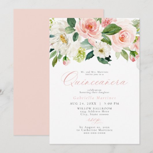 Invitation Élégant et doux Blush rose Floral Quinceañera (Devant / Derrière)