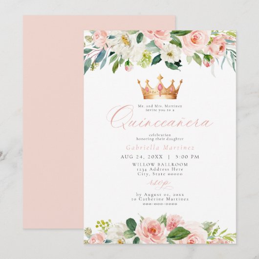 Invitation Élégant et doux Blush rose Floral Quinceañera (Devant / Derrière)