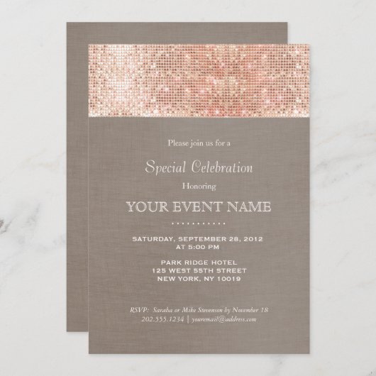 Invitation Élégant et élégant faux or rose paillettes fête (Devant / Derrière)