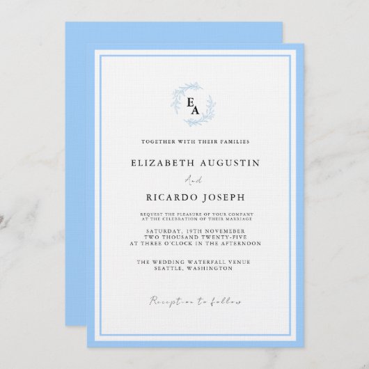 Invitation Élégant et élégant Mariage bleu Script (Devant / Derrière)