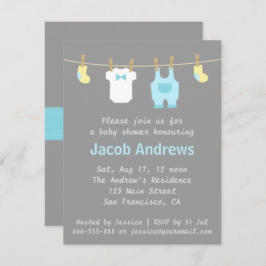 Invitation Elégant et mignon bébé garçon douche, bleu et gris (Devant / Derrière)