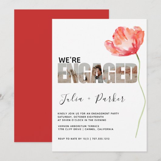 Invitation Élégant et moderne Poppy Red Engagement Party (Devant / Derrière)
