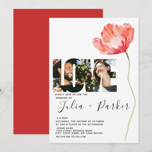 Invitation Élégant et moderne Poppy Red Mariage Love (Devant / Derrière)