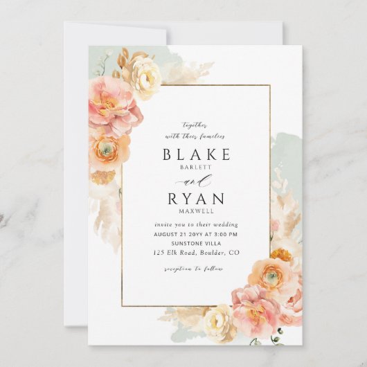 Invitation Elégant et simple Mariage Sage, Peach et Blush (Devant)