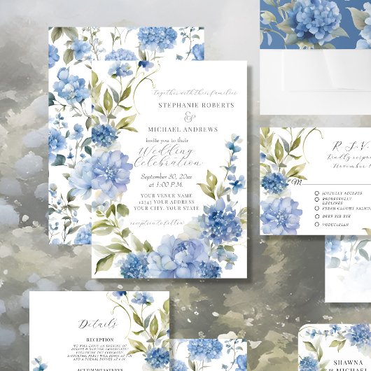Invitation Élégant été Floral bleu et blanc Mariage