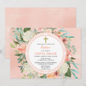 Invitation Élégant été pêche floral Baptême fille (Devant / Derrière)