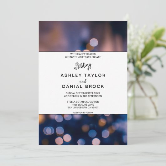 Invitation Elégant étincelant lumières bokeh bleu Mariage Inv (Debout devant)