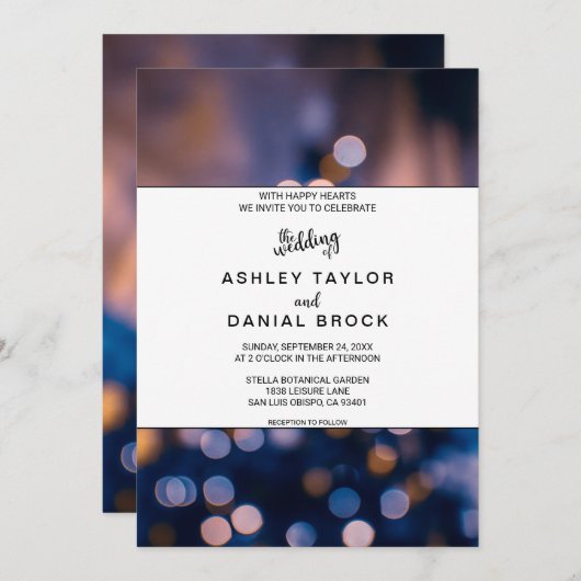 Invitation Elégant étincelant lumières bokeh bleu Mariage Inv (Devant / Derrière)