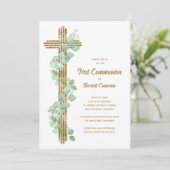 Invitation Elegant Eucalyptus and Cross First Communion (Debout devant)