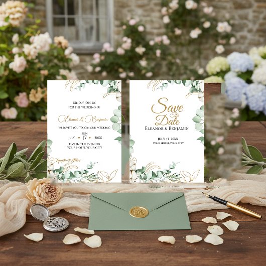 Invitation Elegant Eucalyptus and Gold Greenery Wedding