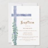 Invitation Elégant Eucalyptus Aquarelle Croix Baptême garçon (Devant)