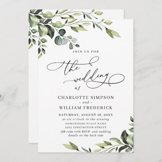 Invitation Elégant Eucalyptus Aquarelle Mariage de verdure (Devant / Derrière)