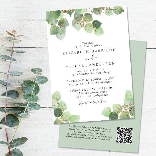 Invitation Elégant Eucalyptus Aquarelle QR Code Mariage