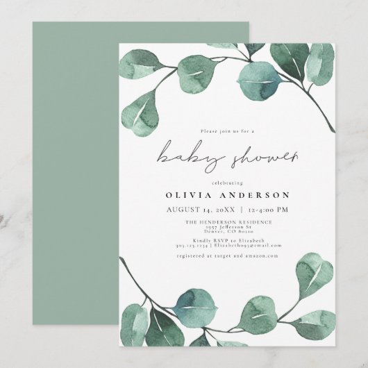 Invitation Elégant Eucalyptus Baby shower de feuilles vertes (Devant / Derrière)