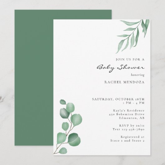 Invitation Elégant Eucalyptus Baby shower Verdure Neutre (Devant / Derrière)