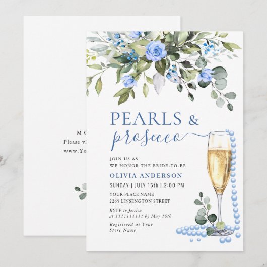 Invitation Elégant Eucalyptus Blue Flowers PEARLS & Prosecco (Devant / Derrière)