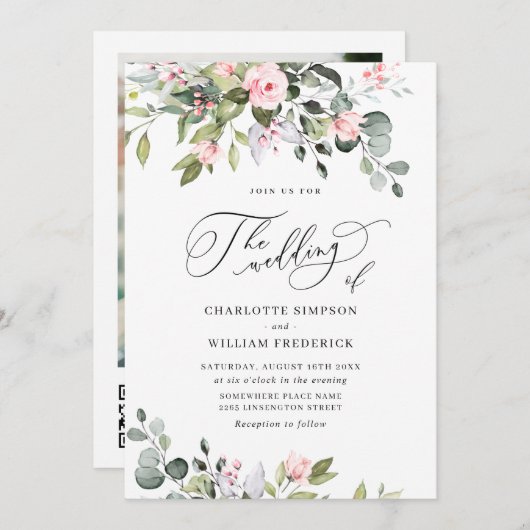 Invitation Élégant Eucalyptus Blush Rose Mariage de code QR (Devant / Derrière)