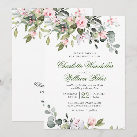 Invitation Elégant Eucalyptus Blush Rose Mariage de verdure (Devant / Derrière)