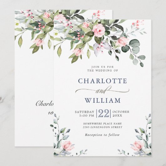 Invitation Elégant Eucalyptus Blush Rose Mariage de verdure (Devant / Derrière)