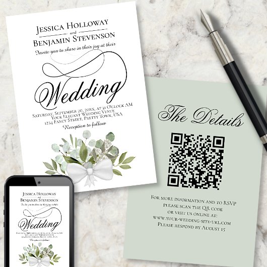 Invitation Elégant Eucalyptus Bouquet QR Code Mariage