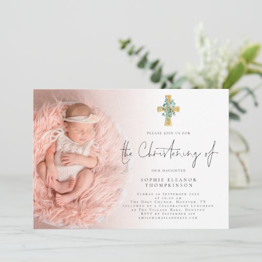 Invitation Elégant Eucalyptus Cross Photo Christening (Debout devant)