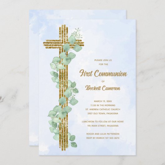 Invitation Elégant Eucalyptus et Croix Bleue Première Communi (Devant / Derrière)