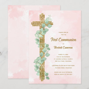 Invitation Élégant Eucalyptus et première communion rose croi