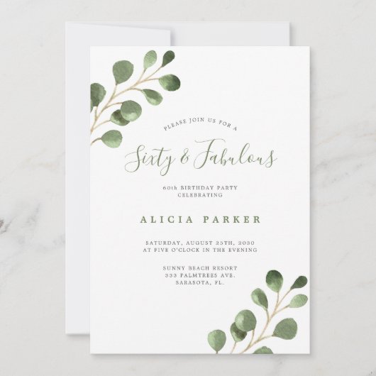 Invitation Élégant eucalyptus feuilles 60 ans fête d'annivers (Devant)