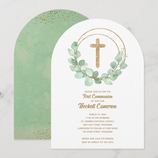 Invitation Elegant Eucalyptus First Communion (Devant / Derrière)