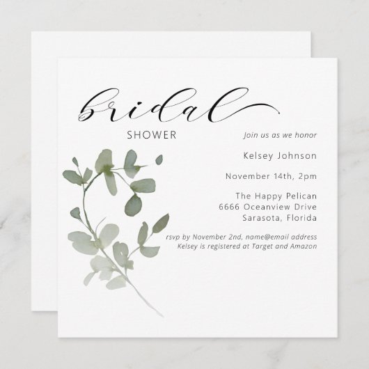 Invitation Elégant Eucalyptus Floral Douche nuptiale Invitati (Devant / Derrière)