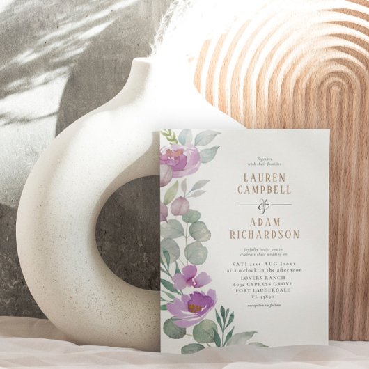 Invitation Elégant Eucalyptus floral Vert et Mariage rose