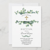 Invitation Elégant Eucalyptus Foliage Cadre Or Baptême (Devant)