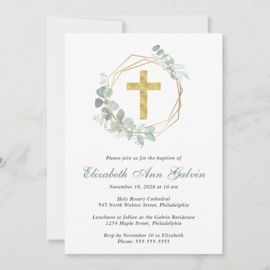 Invitation Élégant Eucalyptus Gold Cross Script Baptême (Devant)