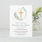Invitation Élégant Eucalyptus Gold Cross Script Baptême (Debout devant)
