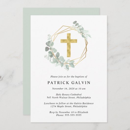 Invitation Elégant Eucalyptus Gold Cross Watercolor Baptism (Devant / Derrière)