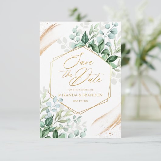 Invitation Elégant Eucalyptus Gold Wedding Enregistrer la dat (Debout devant)