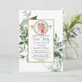 Invitation Elégant Eucalyptus Golden Photo Première communion (Debout devant)