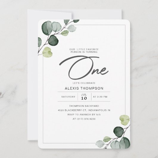 Invitation Elégant Eucalyptus Green 1er anniversaire (Devant)