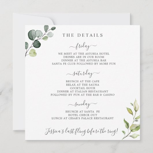 Invitation Elégant Eucalyptus Green Bachelorette Week-end (Dos)