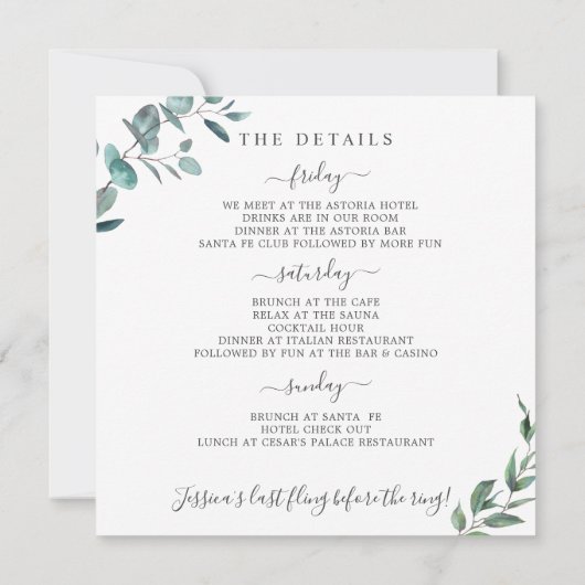 Invitation Elégant Eucalyptus Green Bachelorette Week-end (Dos)